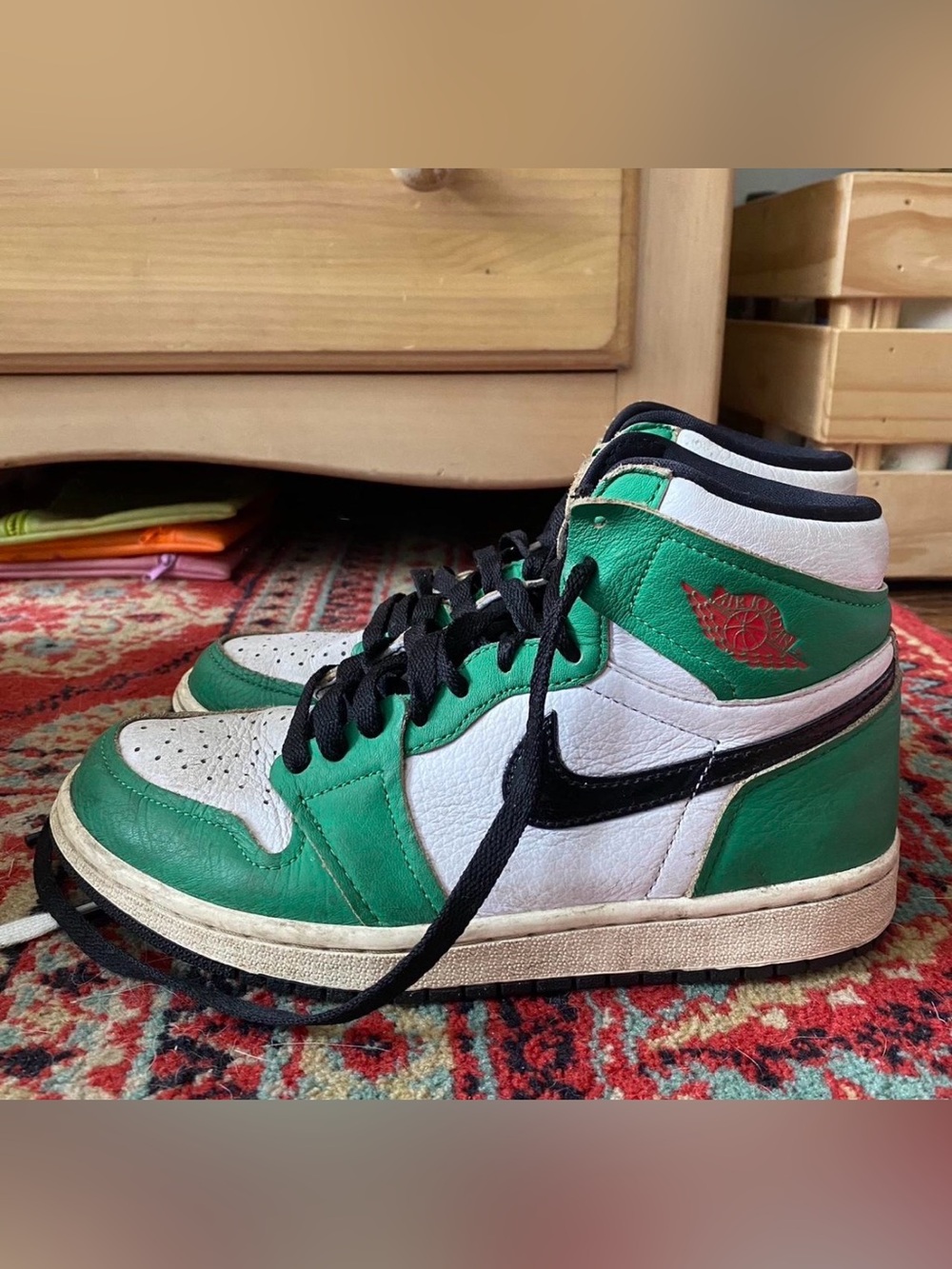 Jordan High-Top Sneakers in Green, White & Black with Red Wings Logo